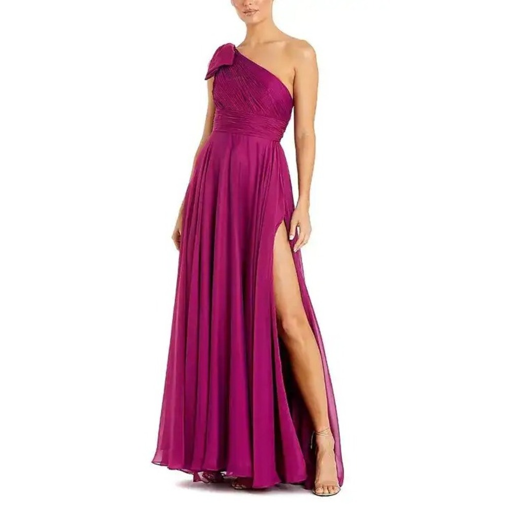Mac Duggal One Shoulder Dress Bow Pleated Chiffon Gown Raspberry Pink NWT 14